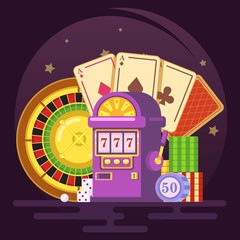jackpot slot machine, Royal casino, club, chips, roulette, cards Vector colorful illustration in flat style image