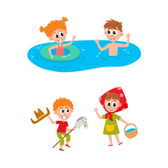vector summer camp kids set. Caucasian boys and girls swimming in water in river or pool with inflatable ring, playing at stage . Isolated illustration white background