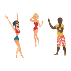 vector cartoon young people dancing at beach party set. cute beautiful hot slim women, girls in summer swimwear sunglasses and african black boy on vacation. Isolated illustration on white background.