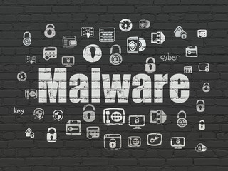 Fototapeta premium Privacy concept: Painted white text Malware on Black Brick wall background with Hand Drawn Security Icons