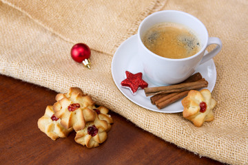 Christmas Cookies and coffee cup with decoration.