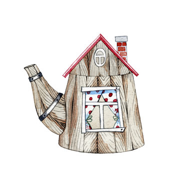 hand drawn watercolor fairy house in the shape of a kettle on a white background
