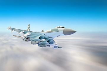 Military fighter aircraft at high speed, flying high in the sky. © aapsky