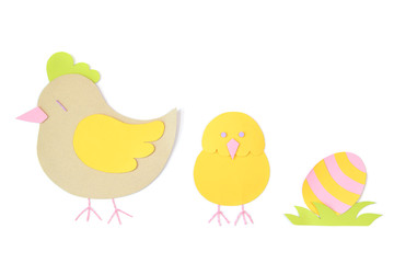 Hen, chicken and egg paper cut on white background - isolated