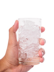 male hand holding ice cubes in glass