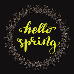 Greeting card design with lettering Hello, Spring. Vector illustration.