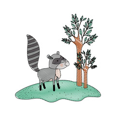 raccoon cartoon in forest next to the trees in colored crayon silhouette