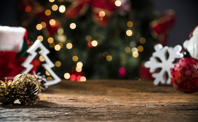 Christmas Table Blurred Lights Background, Wood Desk in Focus, Xmas Wooden Plank, Blur Home Room