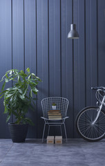 Fototapeta na wymiar dark blue room interior style with bike concept
