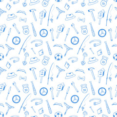 Instruments. Sports equipment seamless pattern. Concept for the Husband, Father Day. Design of wrapping paper, wrappers.