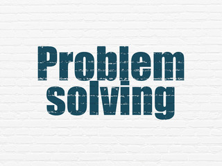 Business concept: Painted blue text Problem Solving on White Brick wall background