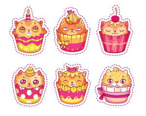 Set of creative cat face cupcakes for stickers, patches, pins. Vector collection of cartoon illustrations.