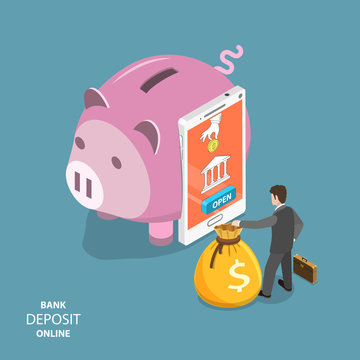 Online bank deposit flat isometric vector concept. Smartphone as a part of piggy bank with function of opening an online deposit. Businessman is standing around with a money bag.