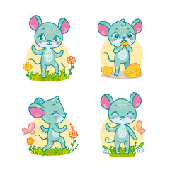 Set of funny cartoon mouses for children educational games. Vector illustration of little forest animals isolated.