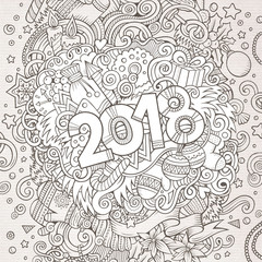 Cartoon vector cute doodles hand drawn 2018 year illustration
