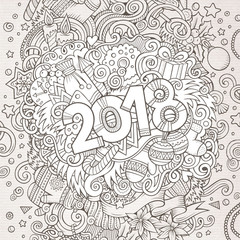 Fototapeta premium Cartoon vector cute doodles hand drawn 2018 year illustration