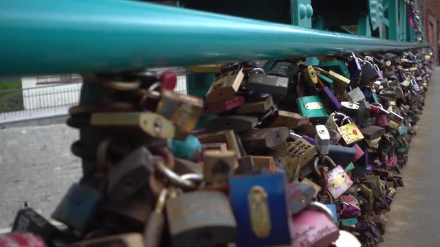 Metal locks of love on the bridge - Wroclaw Poland