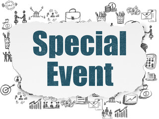 Finance concept: Painted blue text Special Event on Torn Paper background with  Hand Drawn Business Icons
