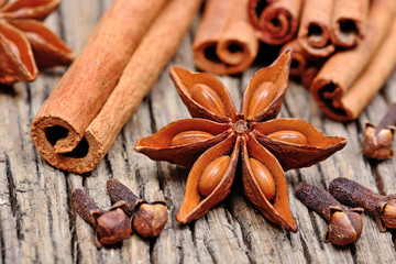 Cinnamon sticks with cloves and anise star