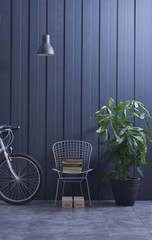 Fototapeta na wymiar bike metal chair book and plant in the blue room concept