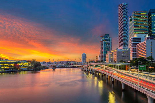 Brisbane. Cityscape image of Brisbane skyline, Australia during dramatic sunset.
