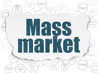 Fototapeta premium Advertising concept: Painted blue text Mass Market on Torn Paper background with Scheme Of Hand Drawn Marketing Icons