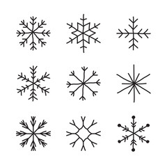 Set of hand drawn snowflakes. Snow icon silhouettes. Vector illustration with editable strokes. Isolated on white background. Design elements for christmas, seasonal greetings, or any use.