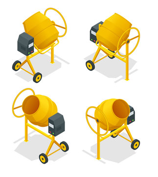 Isometric set of Concrete mixer icon for web. Cement mixer vector, pouring cement isolated white background.