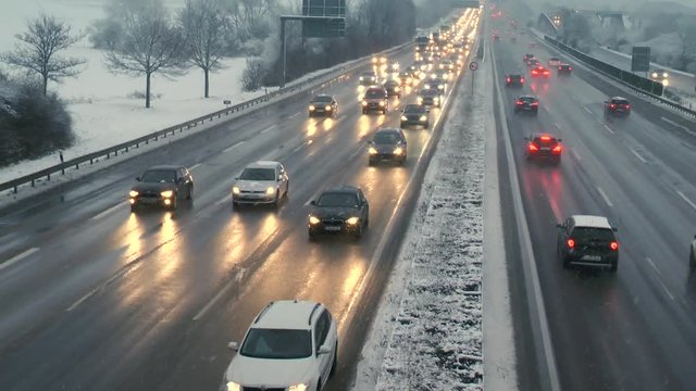 Dense traffic on highway in the winter - high-angle view