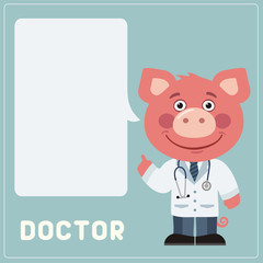 Pig doctor with bubble speech in cartoon style. Smiling doctor pig says important information about health.