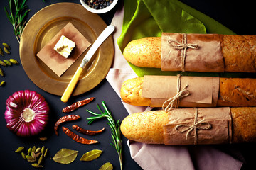 Bread and pastries in a composition with kitchen accessories on an old background