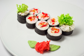 Rainbow Sushi Roll with salmon, eel, tuna, avocado, royal prawn, cream cheese Philadelphia, caviar tobica, chuka.