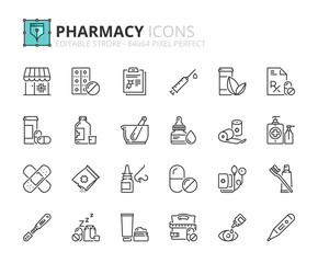 Outline icons about pharmacy - obrazy, fototapety, plakaty