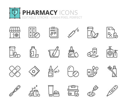 Outline icons about pharmacy