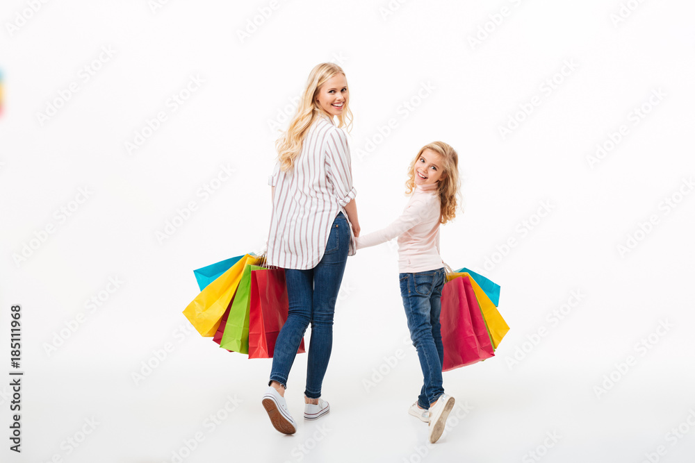 Poster Back view of a smiling mother and her little daughter