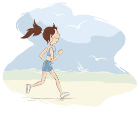 Morning running / Young woman is engaged in running on the beach, funny vector illustration