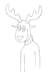 deer drawn on paper. Contour drawing in pencil. A deer on a white background. Christmas greeting card. Funny New Year symbol. Portrait of a deer in a warm winter sweater
