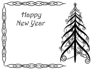 Abstract card with floral ornament on the sides of the picture in shades of black. Black Christmas tree. Happy New Year card, vector illustration