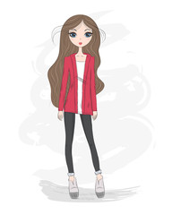 Hand drawn cute fashion cartoon girl. Vector illustration.