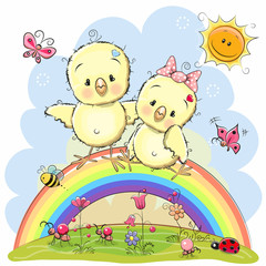 Obraz na płótnie Canvas Two Chickens are sitting on the rainbow