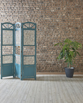 modern room brown brick background and paravane style with flowers