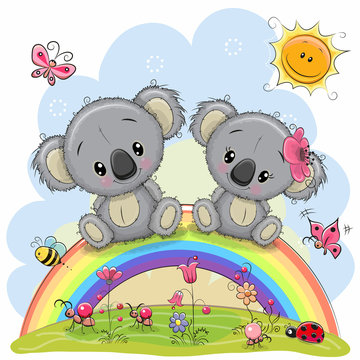Two Koalas are sitting on the rainbow