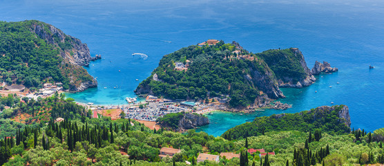 Fototapeta premium Panoramic view of Paleokastritsa bay, Corfu island, Greece