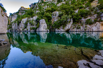 Fototapeta na wymiar Basses Gorges du Verdon, Quinson en été, beau reflet des arbres et rochers dans l'eau calme. Provence, France. 
