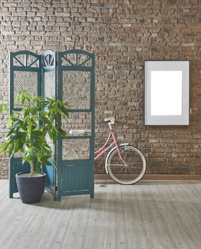 new brown brick wall, dressing area old screen, living room designed for home office interior and decorative