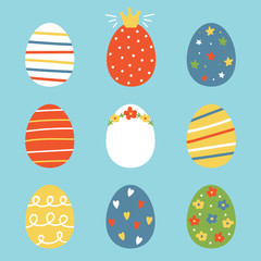 Set, collection of cute colorful doodle Easter eggs with different ornaments and decorative elements.
