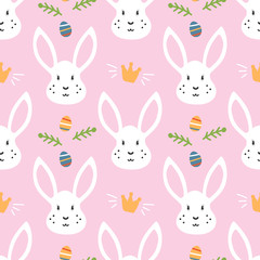Cute seamless pattern background for Easter with rabbit and colorful eggs.
