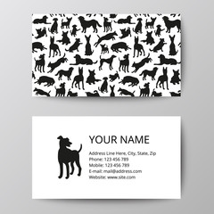 Business card with dog silhouettes pattern. Vector illustration elegant template, eps10.