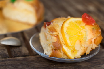 piece of Roscon de Reyes traditional spanish cake for Epiphany Day