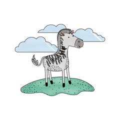 zebra cartoon in outdoor scene with clouds in colored crayon silhouette with thin contour